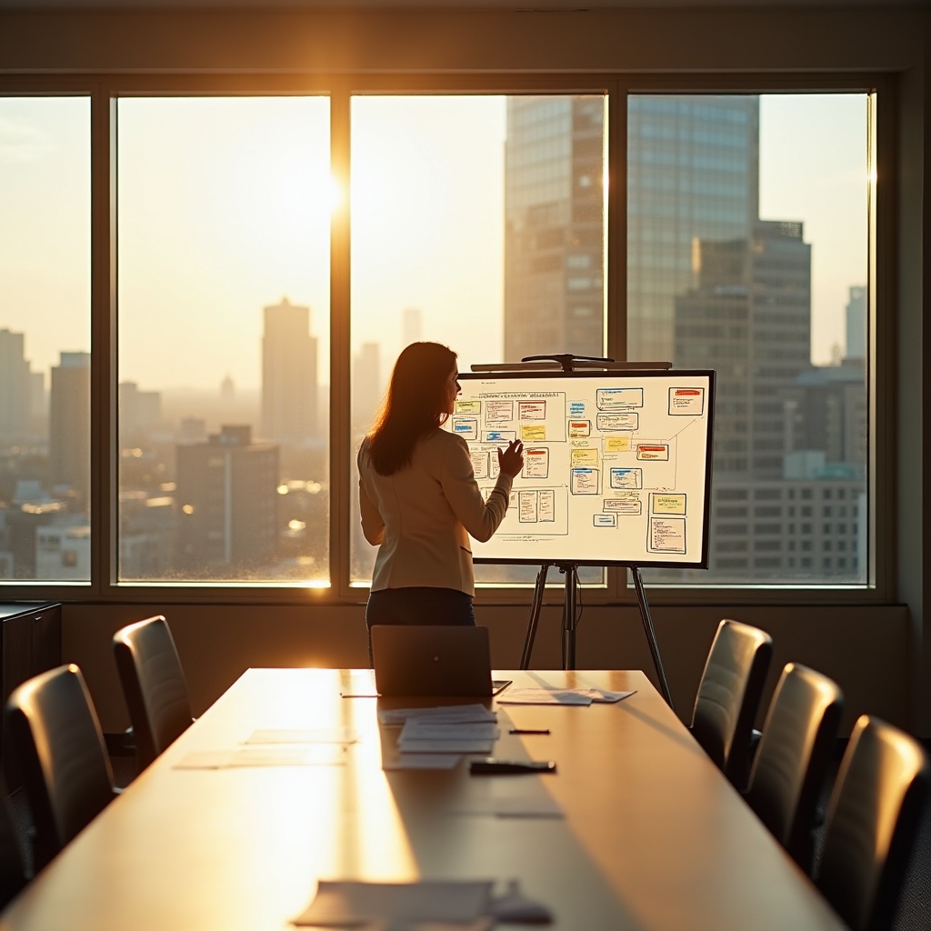 Content strategist reviewing internal linking diagrams and framework documents spread across a conference table in warm office light