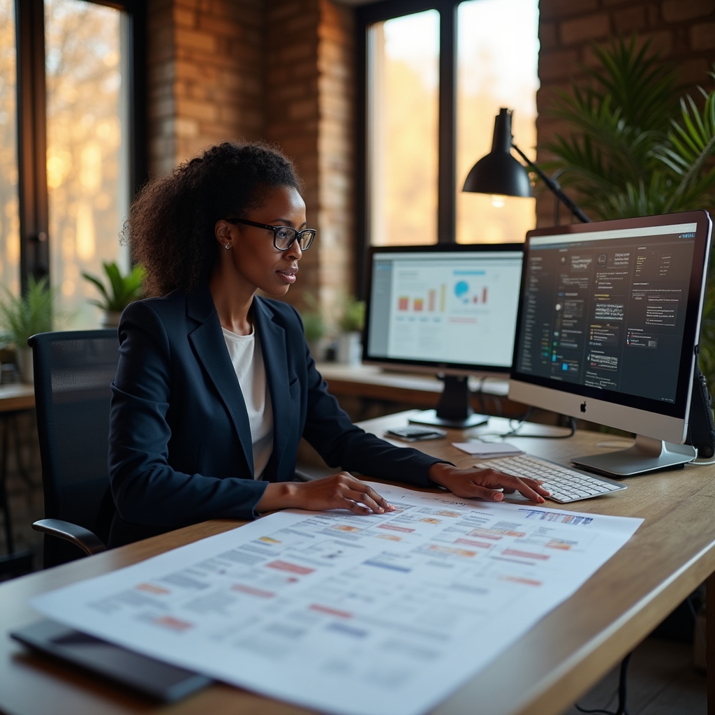 SEO strategist analyzing internal link structure on a content website, reviewing site map diagrams at a modern desk