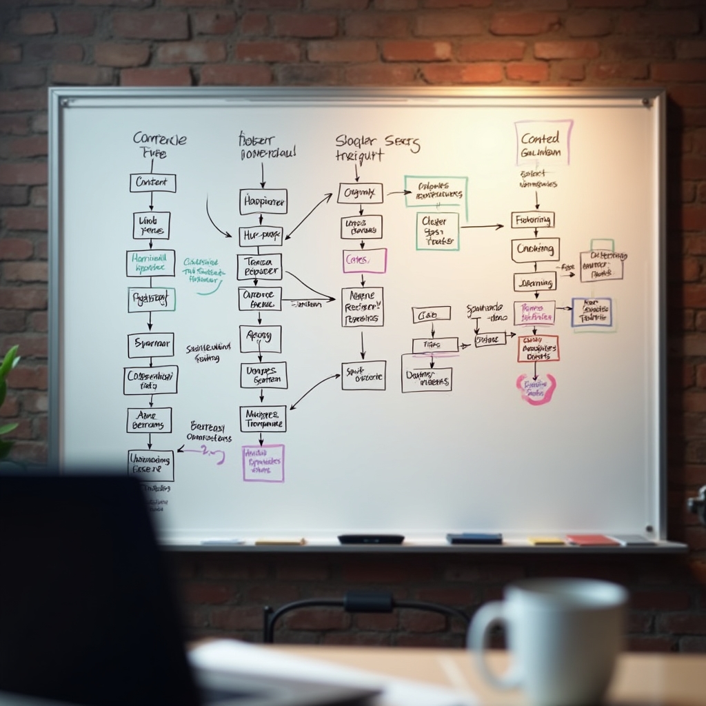 Detailed site architecture diagram with hierarchical content structure mapped on a whiteboard in a professional workspace